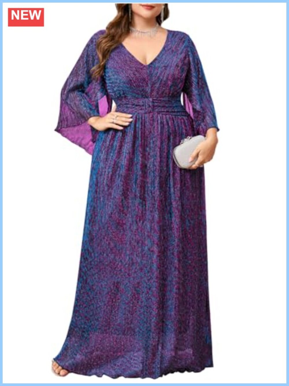 Plus Size Sparkly Maxi Formal Dress Handkerchief Sleeve Evening Gown